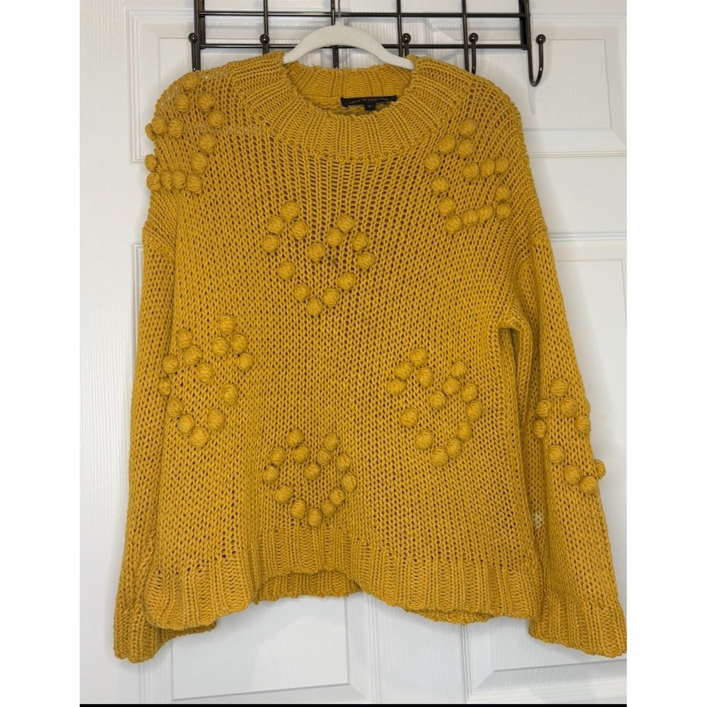 Love At First Find S Heart Pom Pom Knit Mustard Sweater Ribbed Edging Y2K Retro
